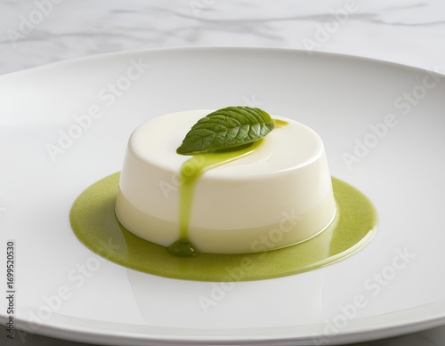 Creamy Panna Cotta with Matcha Sauce and Fresh Mint Leaf