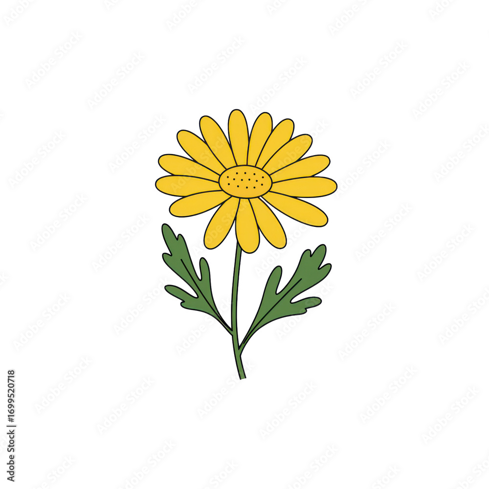 Naklejka premium Bright yellow daisy flower with green leaves illustration isolated on white background