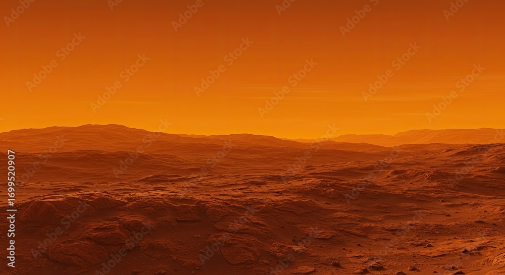 Naklejka premium Red Planet Landscape with Rocky Terrain Under an Orange Sky