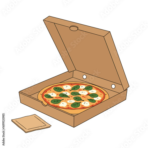 Open pizza box with spinach and ricotta pizza, textured flat vector, takeout style scene with eco napkin, clean and casual, white background