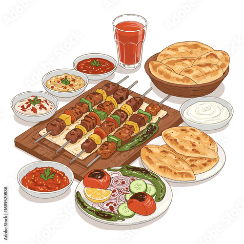 Table scene with multiple Turkish kebab dishes, skewers, grilled veggies, dips, and flatbread, textured flat vector, rich earthy tones, white background
