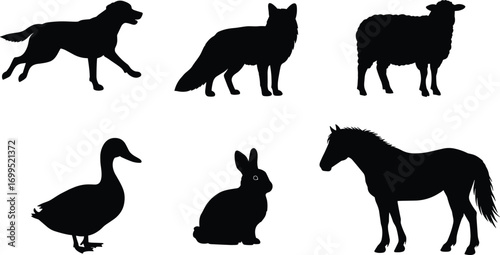Farm animal silhouettes vector, dog, fox, sheep, duck, rabbit, horse, black and white illustration, domestic animals, nature, rural life