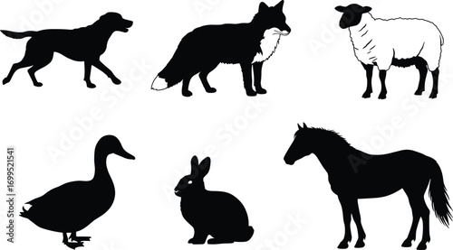 Farm animal silhouettes vector, dog, fox, sheep, duck, rabbit, horse, black and white illustration, domestic animals, nature, rural life