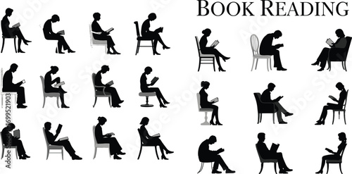 Silhouette people reading books, sitting on chairs, black and white vector, education, relaxation, leisure activity, book lovers, library concept