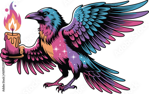 Colorful raven holding a lit candle with flames bird