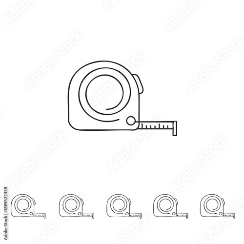 A simple black and white line art illustration depicts a retractable measuring tape, an essential tool for construction, DIY projects, and accurate measurements.