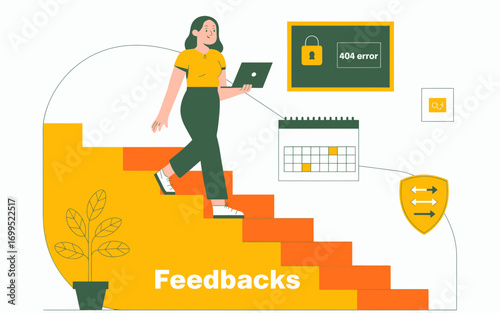 Woman with laptop climbing stairs with feedback and security icons symbolizing progress and data protection