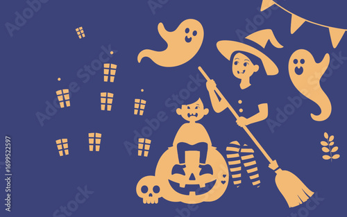 Cute halloween scene with a witch and child on a pumpkin surrounded by ghosts and spooky decorations