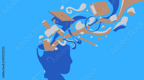 Abstract illustration of a silhouette of a human head with educational elements exploding outwards symbolizing knowledge and learning