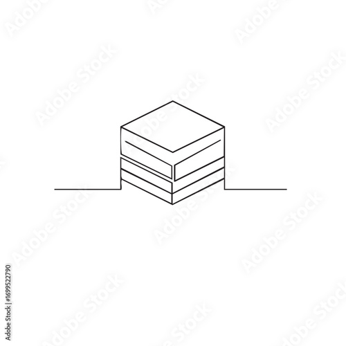 A minimalist continuous line drawing depicts a stacked, multi-layered cubic structure, symbolizing modern architecture, stability, and conceptual design.