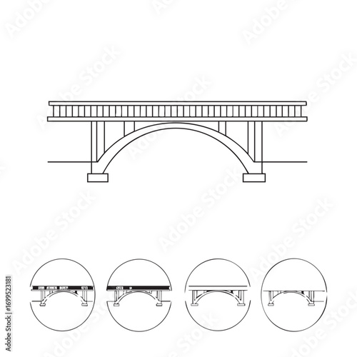 An intricate black and white line art vector illustration presents the foundational design of a modern arch bridge, alongside detailed structural variations.