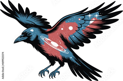 Raven with galaxy wings in flight bird