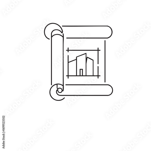 A minimalist line art icon illustrates a modern building blueprint on a classic scroll, symbolizing architectural design, construction planning, and property development.