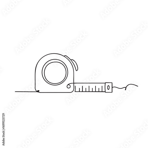 A sleek, minimalist continuous line art illustration depicts a retractable measuring tape, symbolizing precision, construction, and accurate measurement.