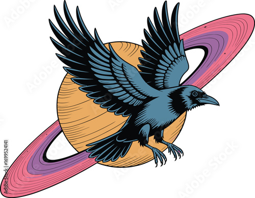 Blue crow flying in front of orange planet with pink purple rings