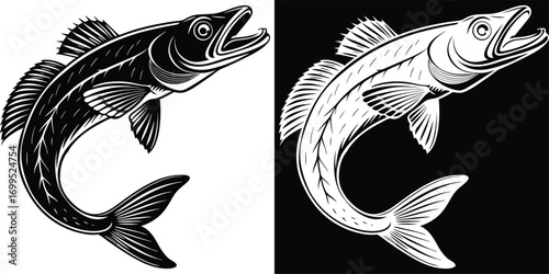 Dynamic stylized fish leaping from water in dramatic black and white artistic representation