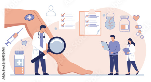 Medical Professionals Examining a Leg Injury with Medical Tools and Reports
