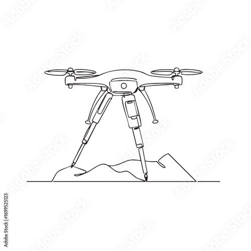 A modern quadcopter drone, depicted in a minimalist continuous line art style, lands on challenging terrain, symbolizing advanced technology and future exploration.