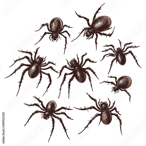 spiders, insect, halloween, festival, vector, transparent background, animal, arachnid, nature, cobweb, danger, spiderweb, scary, horror, creepy, pattern, predator, Spider Set, A bunch of spiders