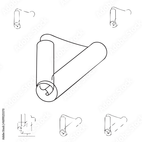 A minimalist line art icon depicting a partially unrolled scroll or document, suggesting concepts of ancient texts, learning, or multimedia playback.