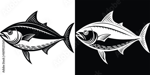 Bold, stylized tuna fish graphic in classic black and white offers dynamic aquatic art for branding and design projects.