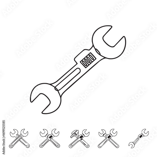A clean, minimalist black and white line art illustration depicts a single adjustable wrench, symbolizing repair, maintenance, and mechanical work.
