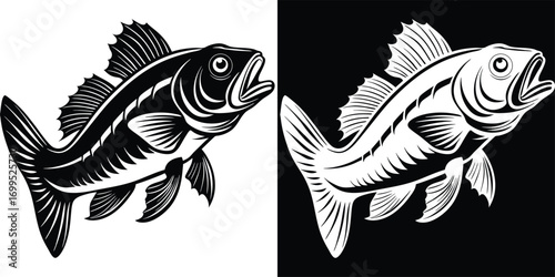 Dynamic black and white fish illustration perfect for fishing logos, sports apparel, and outdoor adventure branding
