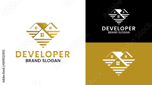 Modern Real Estate Logo Design with House, Window, Land Elements. Abstract Real Estate Logo Icon Design for Agency.