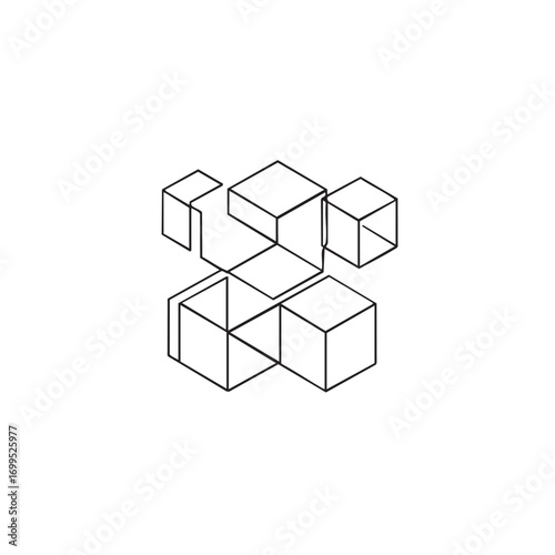 An elegant black and white abstract line illustration featuring a complex yet minimalist arrangement of geometric cubic forms, perfect for contemporary design.