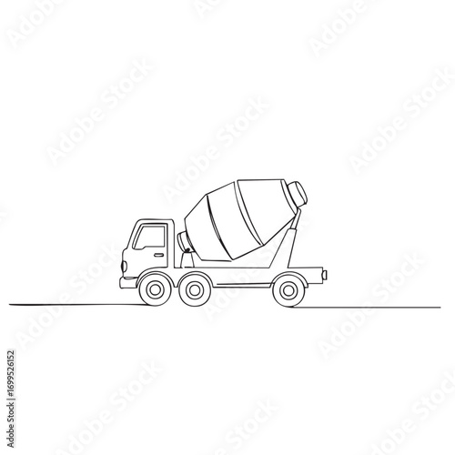 A minimalist continuous line drawing captures the essence of a concrete mixer truck, symbolizing construction, industry, and modern transportation design.
