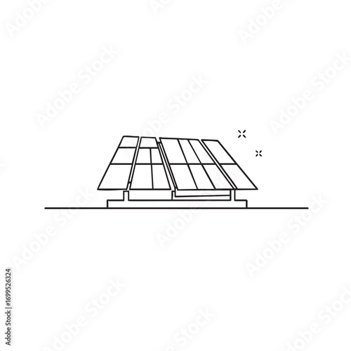 A minimalist line drawing illustrates a modern solar panel array, representing sustainable energy solutions and clean technology for a greener future.