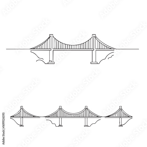Two detailed line art illustrations showcase various suspension bridge designs, highlighting their elegant engineering and structural beauty in a clean, modern style.