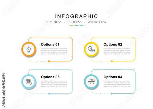 Business infographic template. 4 Step timeline journey. Process diagram, 4 options on white background