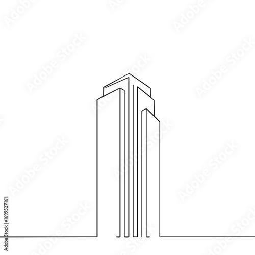 A sleek, modern skyscraper is depicted with a continuous single line art style, showcasing minimalist architectural design on a clean white background.