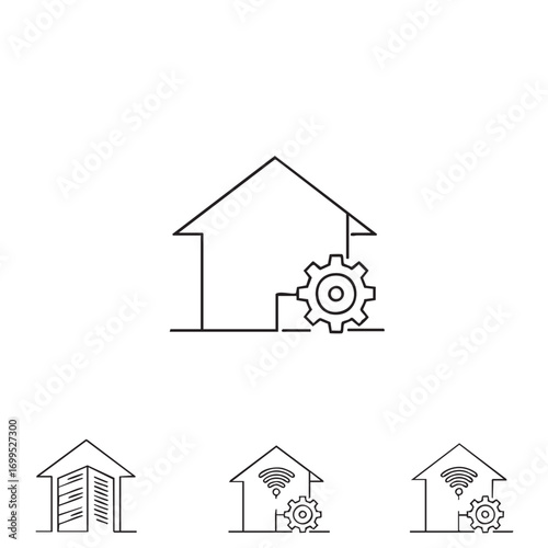 This minimalist line art illustration depicts various smart home automation concepts, showcasing advanced technology for connected living and efficient residential management systems.