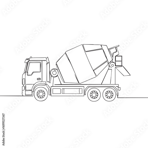 An elegant continuous line drawing depicts a modern concrete mixer truck, highlighting its essential role in industrial construction and infrastructure development.
