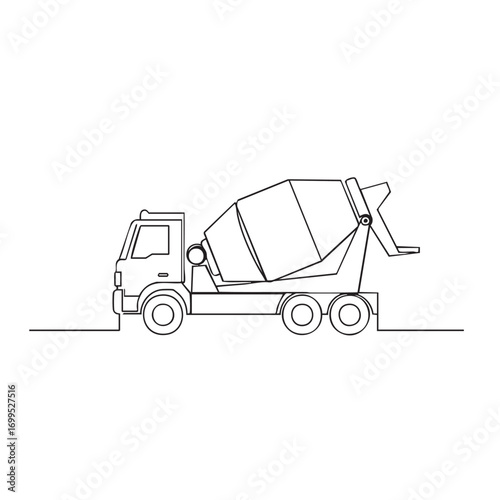 A sleek continuous line drawing depicts a modern cement mixer truck, representing essential construction, industrial development, and heavy machinery.