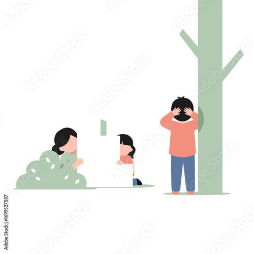 Playful Illustration of Children Enjoying a Game of Hide and Seek in a Simple Outdoor Setting, Suitable for Educational or Family-Oriented Content.