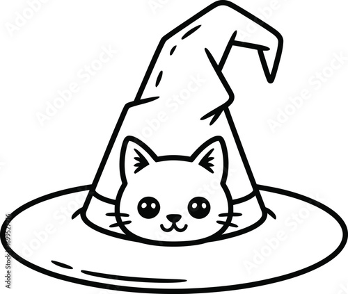 Cute cat peeking out from under a witch hat kitten