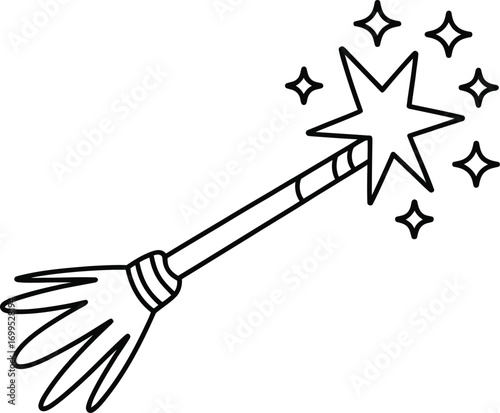 Black outline of a witch's broomstick with sparkles