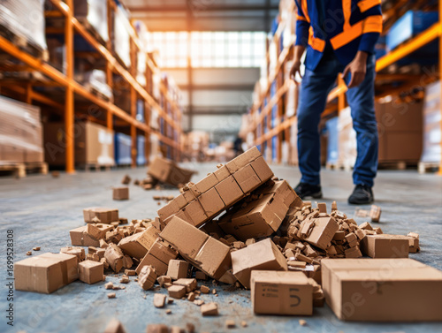 Close up of broken cardboard boxes spilled on warehouse floor with worker in safety jacket standing in background