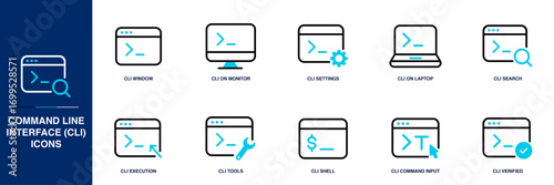 Command Line Interface (CLI) Blue Colored Outline Icon Set
