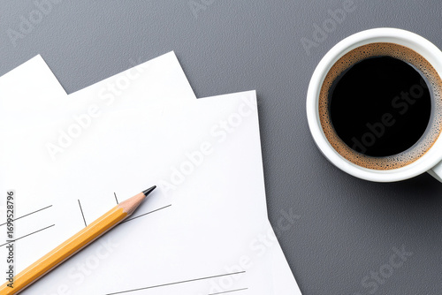 Calm morning work desk with coffee, paper, and pencil. focused business document for study on grey background