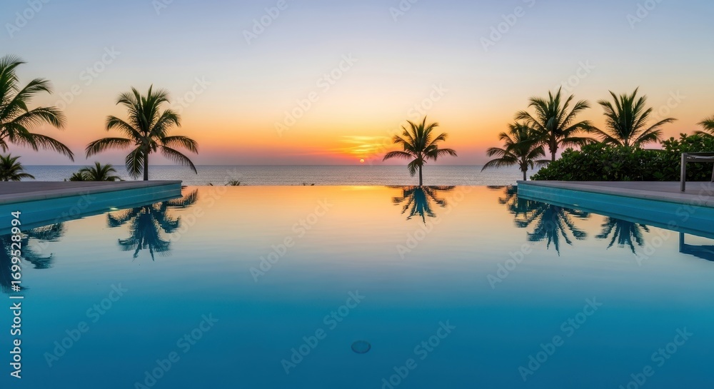 Obraz premium Serene Sunset Pool: Tranquil turquoise water reflects a mesmerizing sunset over a calm ocean, framed by silhouetted palm trees. It's a postcard-perfect depiction of peace and paradise.