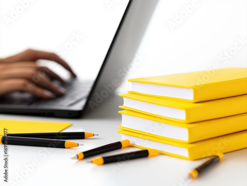 Focused student studying at desk using laptop with yellow textbook and pen. feeling of concentration