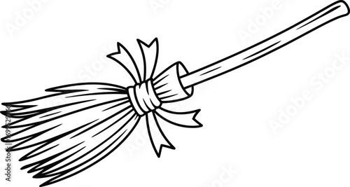 Black and white cartoon broom with bow witch halloween