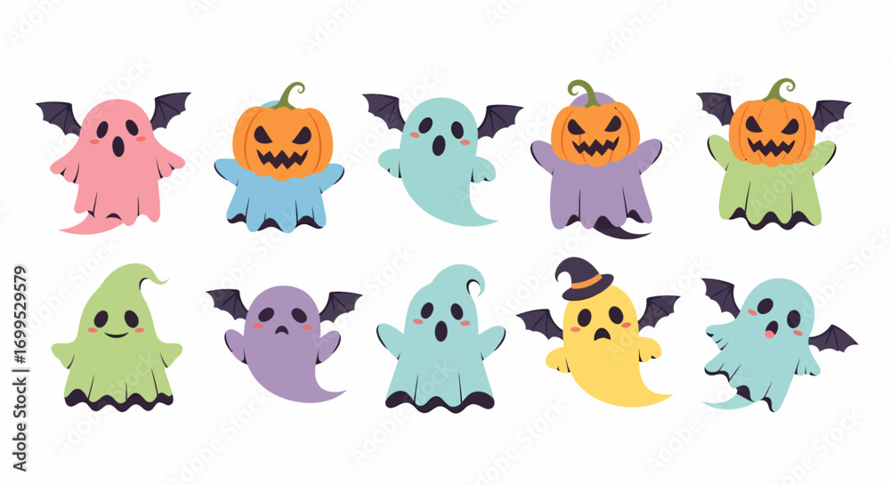 Naklejka premium Delightful and whimsical collection of hand drawn cartoon flying ghost characters, including cute spooks and pumpkin-headed spirits, ideal for Halloween and autumn holiday designs