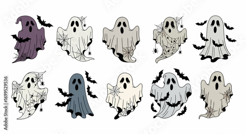 Spooky Season Whimsical Hand Drawn Cartoon Flying Ghost Collection for Halloween