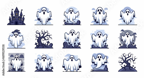 Set of hand drawn cartoon flying ghost illustrations for Halloween. Spooky characters in a graveyard with a haunted castle