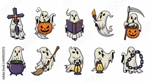 A diverse collection of hand drawn cartoon flying ghost characters celebrating Halloween with various spooky items like pumpkins, cauldrons, and lanterns
